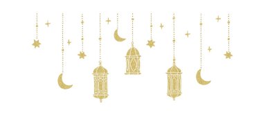 Ramazan Kareem telleri, ışıklı çelenkler. Asılı el, altın parıldayan Fas fenerlerini çekti. Ay ve yıldızlar. İslami parti dekorasyonu web afişi. İzole vektör nesnesi, Kurban Mübarek çerçevesi.