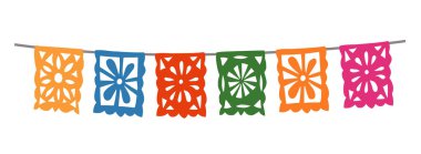Renkli dekoratif çelenk kesimi. Dia de los Muertos, Meksika Ölüler Günü. Cadılar Bayramı kağıt bayrağı, papel picado. İzole vektör el doğum günü partisi dekorasyonu, Festa Junina tatili