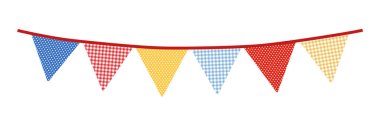 Renkli kiraz çiçeği. İpin üzerinde parti bayrakları. Kalıplı kumaş. Doğum günü kutlaması, evlilik yıldönümü. Tatil festivali Junina dekoru. İzole edilmiş kaplama vektör illüstrasyon nesnesi, afiş arkaplanı