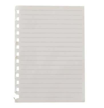 Sol kenarında görünür klasör delikleri olan, şeffaf arkaplanda izole edilmiş yırtık çizgili defter sayfası. Boş kağıt maketi. Yazma, notlar, okul veya organizasyon konsepti, grafiksel nesneyi kes