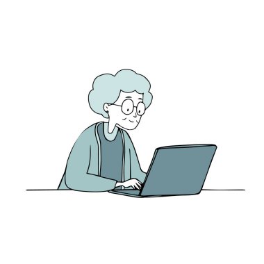 Gözlüklü yaşlı bir kadın masada dizüstü bilgisayarla çalışıyor. İzole edilmiş el çizimi vektör çizimi. Çizgi film tarzı, düz dizayn. Uzaktan çalışma, çalışma ya da çevrimiçi iletişim, kıdemli yetişkin.