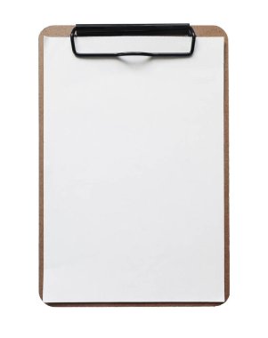 Wooden clipboard with black clip and blank paper sheet isolated on transparent background. Empty note paper mockup. Writing, note, school, business organization concept, single cut out graphic object