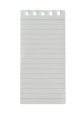 Slim torn-out lined notebook page template isolated on transparent background.. Binder holes on upper edge. Empty note paper mockup, writing, note, school organization concept, cut out graphic object