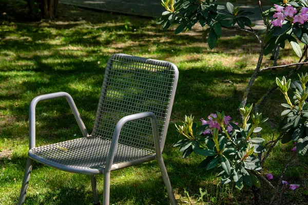 春天花园的金属椅子 供野餐和观鸟用的金属花园家具 免版税图库照片