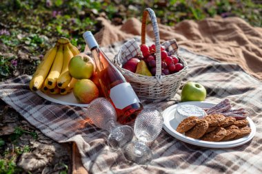 Dokuma sepetleri, taze meyveler, ekmek, şarap ve battaniyelerin olduğu davetkar bir piknik seti. Doğada sakin bir günün tadını çıkaran arkadaşlar, aileler ve çiftler için mükemmel bir ortam.