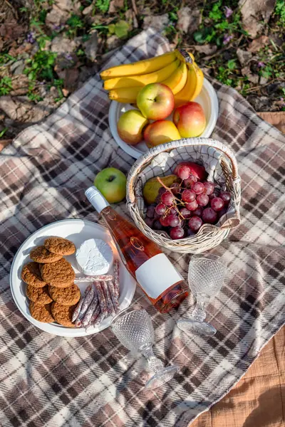 Davetkar bir piknik sepetleri, dokuma sepetleri, taze meyveler, ekmek, şarap ve battaniyeler, doğa ortamında arkadaşlar, aile ve çiftler için mükemmel bir gün. Piknik zamanı.