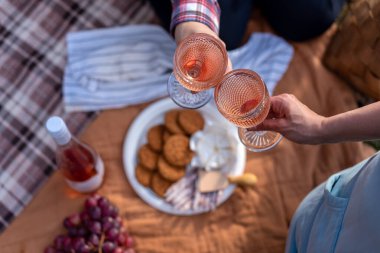 Açık hava piknik sahnesinde bir tost gül şarabı, yanında da atıştırmalık ve üzüm. Sıcak ve davetkar bir ortam, boş zamanları, sosyalleşmeyi, eğlenceyi betimleyen bir ortam. Arkadaşlar kadeh kaldırıyor..