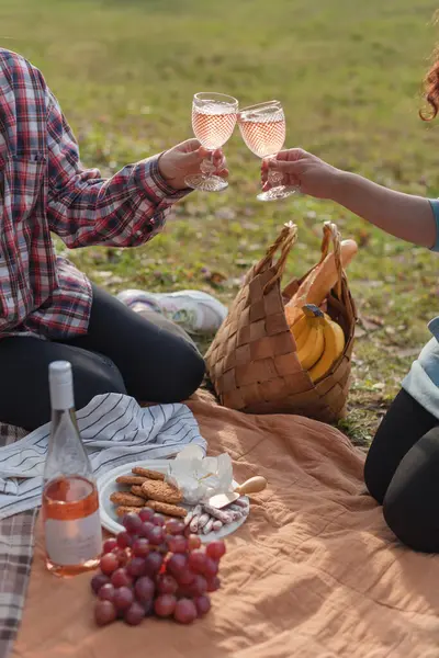 Açık hava pikniğinde Rose Wine kadehiyle kadeh kaldıran iki kişi. Arkadaşlar açık hava pikniğinde gül şarabıyla dolu kadehleri tokuşturur, neşe ve arkadaşlığı betimler, güneşli doğal bir ortam..