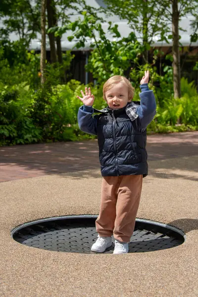 Yeşilliklerle çevrili bir parktaki trambolinde zıplayan küçük bir çocuk. Çocuk oyun oynarken heyecan ve neşe gösteriyor. Güneşli ortamda gençlik enerjisi ve eğlencesini somutlaştırıyor.