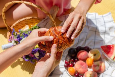 Rahat bir piknik ortamında iki kişi bir parça ekmeği paylaşıyor. Bu bir birliktelik, topluluk ve basit zevkleri yakalar. Boş zaman, bağlantı, ya da hayatın anlarının kutlaması