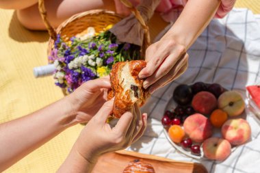 Rahat bir piknik ortamında iki kişi bir parça ekmeği paylaşıyor. Bu bir birliktelik, topluluk ve basit zevkleri yakalar. Boş zaman, bağlantı, ya da hayatın anlarının kutlaması