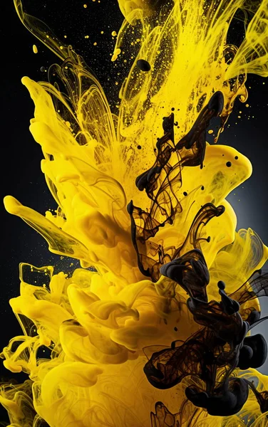 yellow ink and black ink color creating abstract explosion. Smooth texture, fast motion and splash. Creative & colourful studio isolation.