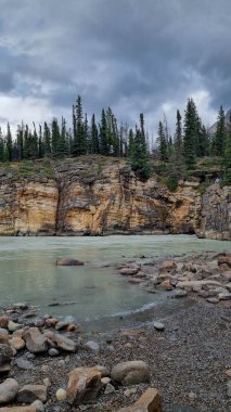 View over Athabasca River flowing from nearby Athabasca Falls, Jasper National Park, AB, Canada, with white-water raft in distance on river and river shore with colorful rock formations of limestone clipart