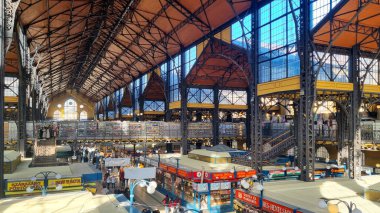 BUDAPEST, HUNGARY - 20 Ocak 2024: Budapeşte Büyük Pazar Salonu (Merkezi Pazar Salonu), 1897 yılında Budapeşte, Macaristan 'daki en büyük kapalı pazar bilyası.