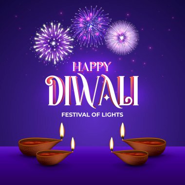 Mutlu Diwali Kutlama Özgeçmişi. Diwali Işık Sancakları Festivali Havai fişek Vektör İllüstrasyonlu. Mutlu Diwali Sosyal Medya Posta Şablonu.