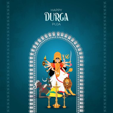 Mutlu Durga Puja Subh Navratri Hint dini arka plan tasarımı. Durga puja yaratıcı afiş arkaplan tasarımı tanrıça Durga yüz illüstrasyon Hint festivali