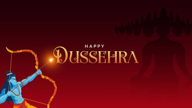 Mutlu Dussehra Vektör Tasarımı. Lord Rama, Ravana 'yı Dussehra, Vijayadashami' de öldürüyor. Dussehra Poster Tasarım Vektörü İllüstrasyonu. Hindistan Festivali.