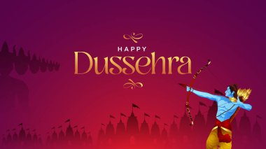 Mutlu Dussehra Vektör Tasarımı. Lord Rama, Ravana 'yı Dussehra, Vijayadashami' de öldürüyor. Dussehra Poster Tasarım Vektörü İllüstrasyonu. Hindistan Festivali.