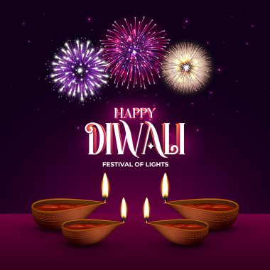 Diwali Havai fişek arka planı. Diwali Işık Davet Vektörü İllüzyonu Festivali. Mutlu Diwali Sosyal Medya Posta Şablonu.