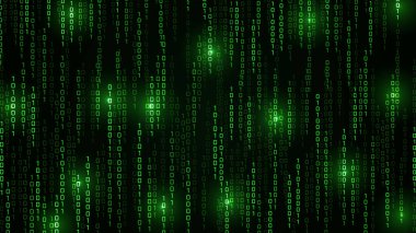 Matrix vektör dijital kod yağmuru fütüristik tarzda ilham verdi. Işık Efekti matris arkaplanı. Parlayan ikili karakterlere sahip yüksek teknoloji arkaplanı
