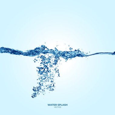 Gerçekçi şeffaf izole vektör su damlalarını damlatıyor. 3D vektör sıvısı girdap oluşturur, damlacıklarla su sıçratır.