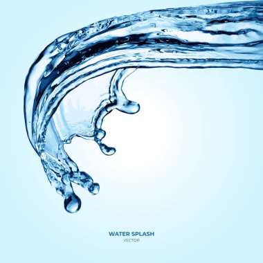 Gerçekçi şeffaf izole vektör su damlalarını damlatıyor. 3D vektör sıvısı girdap oluşturur, damlacıklarla su sıçratır.