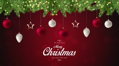 Mutlu Noeller, Noel ağacı ve balolarla mutlu yıllar. Gerçekçi 3d zarif bir tarz. Kış Noel arkaplanı. Vektör illüstrasyonu