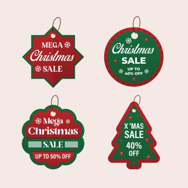 Noel Satış Rozeti ve Satılık Noel Satışı Konsepti. İndirimli Noel koleksiyonu. Kağıt üzerinde indirim ve fiyat etiketleri. 