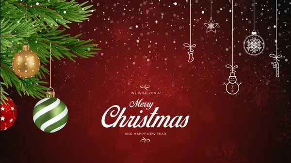 Mutlu Noeller, Noel ağacı ve balolarla mutlu yıllar. Gerçekçi 3d zarif bir tarz. Kış Noel arkaplanı. Vektör illüstrasyonu