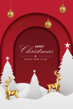 Noel kutlaması vektör arkaplan tasarımı. Çam ağacı, şeker kamışı ve hediye kutuları ve kırmızı zarif arkaplanda dekorasyon unsurları olan Noel mesajları..