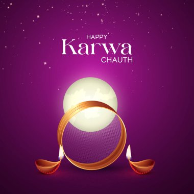 Mutlu Karwa Chauth Sosyal Medya Postaları ve Selamlar. Hint Hindu festivali Ay puja tapınması. Karwa Chauth 'un tasarımı.