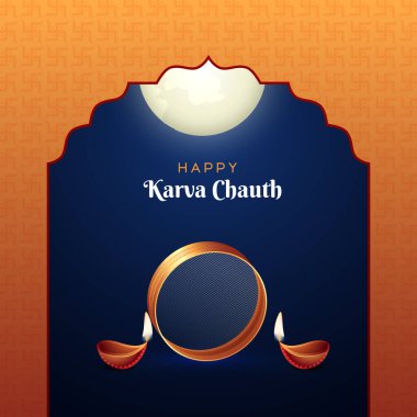 Mutlu Karwa Chauth Sosyal Medya Postaları ve Selamlar. Hint Hindu festivali Ay puja tapınması. Karwa Chauth 'un tasarımı.