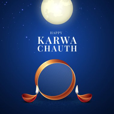 Mutlu Karwa Chauth Sosyal Medya Postaları ve Selamlar. Hint Hindu festivali Ay puja tapınması. Karwa Chauth 'un tasarımı.