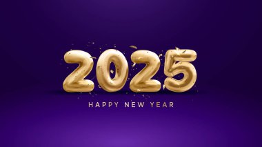 Balon ve yıldız vektörü Mutlu Yıllar 2025 metin tasarımlı mutlu yıllar 2025. Gerçekçi 3 boyutlu yeni yıl 2025 vektör tasarımı.