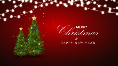 Noel kutlaması vektör arkaplan tasarımı. Çam ağacı, şeker kamışı ve hediye kutuları ve kırmızı zarif arkaplanda dekorasyon unsurları olan Noel mesajları..