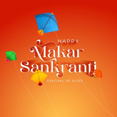 Happy Makar Sankranti Banner Design. Makar Sankranti Festival Background with Flying Kites. Abstract vector illustration design. Makar Sankranti text sky and sun background theme. clipart