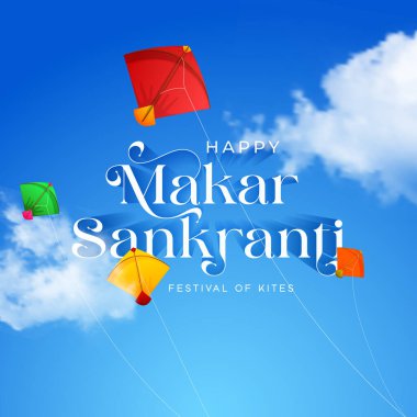 Happy Makar Sankranti Banner Design. Makar Sankranti Festival Background with Flying Kites. Abstract vector illustration design. Makar Sankranti text sky and sun background theme. clipart