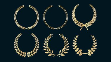 Amblem armaları logo ögesi ayarlandı. Heraldik logo, klasik defne çelenkleri. Zafer ikonu Laurel çelengi, altın, gümüş ve bronz madalyalar. El çizimi defne çelenkleri, Doodle çiçek çerçevelerini izole etti..