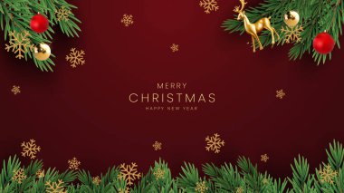 Noel kutlaması vektör arkaplan tasarımı. Çam ağacı, şeker kamışı ve hediye kutuları ve kırmızı zarif arkaplanda dekorasyon unsurları olan Noel mesajları..