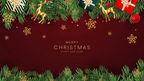 Noel kutlaması vektör arkaplan tasarımı. Çam ağacı, şeker kamışı ve hediye kutuları ve kırmızı zarif arkaplanda dekorasyon unsurları olan Noel mesajları..