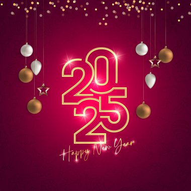 Balon ve yıldız vektörü Mutlu Yıllar 2025 metin tasarımlı mutlu yıllar 2025. Gerçekçi 3 boyutlu yeni yıl 2025 vektör tasarımı.