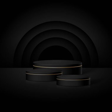 3 boyutlu minimal podyum odası ve 3 basamaklı gerçekçi silindir stand podyumu. Model ürün sergisi için stüdyo ışığı olan podyum duvarı.