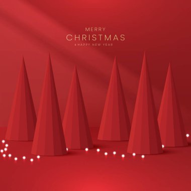 3 boyutlu silindirik podyum. Neon topu ve Noel ağacı manzaralı. Noel selamlama vektör arkaplan tasarımı.