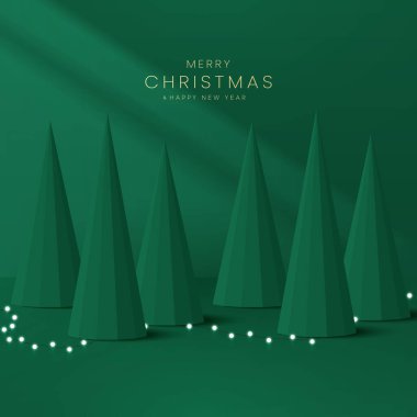 3 boyutlu silindirik podyum. Neon topu ve Noel ağacı manzaralı. Noel selamlama vektör arkaplan tasarımı.