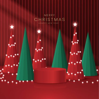 3 boyutlu silindirik podyum. Neon topu ve Noel ağacı manzaralı. Noel selamlama vektör arkaplan tasarımı.