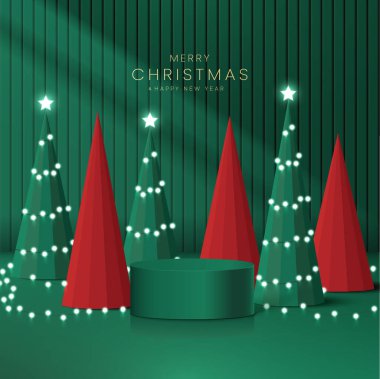 3 boyutlu silindirik podyum. Neon topu ve Noel ağacı manzaralı. Noel selamlama vektör arkaplan tasarımı.