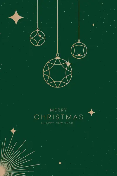 Lüks Noel davetiyesi, art deco tasarım vektörü. Noel süsleri, kar taneleri, kırmızı ve yeşil arka planda havai fişek çizgileri. Kapak ve tebrik kartı için tasarım çizimi.