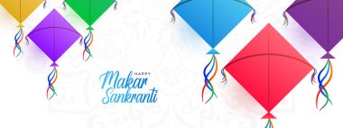 Mutlu Makar Sankranti Festivali Tebrik Şablonu Tasarımı. Hindistan festivali için renkli uçurtma ipli Makar Sankranti duvar kağıdı. Makar Sankranti, Hindistan dini festivali..