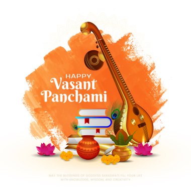 Happy Vasant Panchami Puja vector illustration design. Indian festival Vasant Panchami (Saraswati Jayanti) dedicated to Devi Saraswati.  Goddess Saraswati puja day. clipart