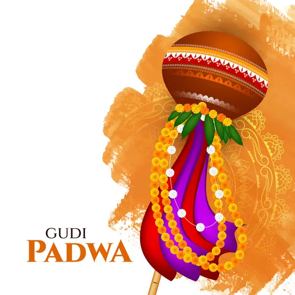 Hindistan Maharashtra 'da Gudi Padwa Lunar' ın yeni yıl kutlaması. Mutlu Gudi Padwa Festivali Geçmiş Vektör İllüstrasyonları. Süslü arkaplanı olan Gudi Padwa.